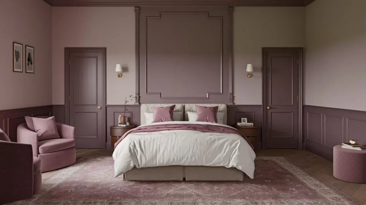 muted mauve cozy and calm bedroom paint colour