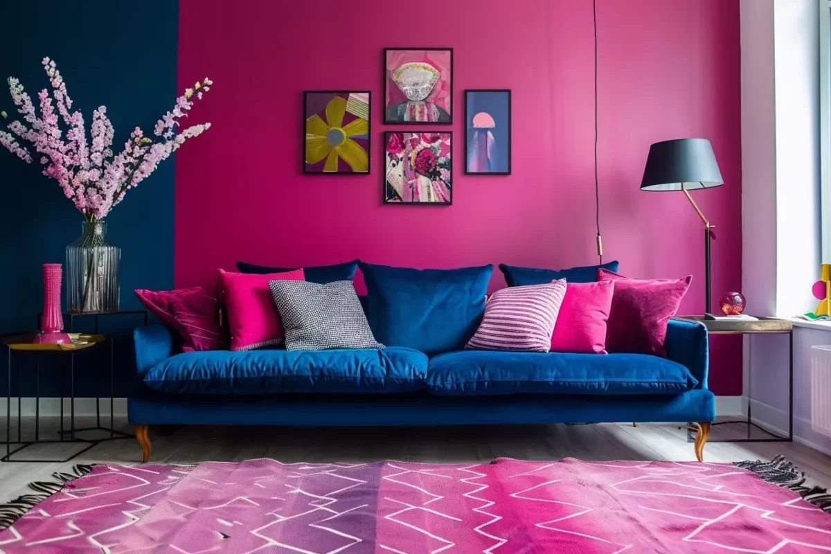 navy and bold pink wall colour combination for living room