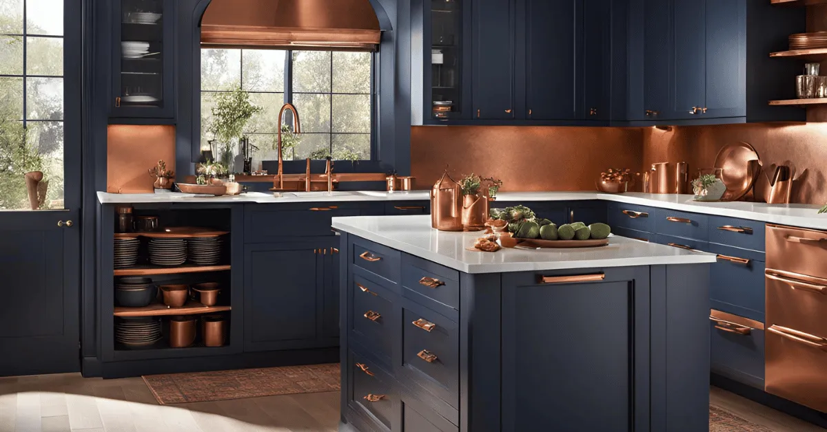 navy and copper kitchen combo for a chic, modern look
