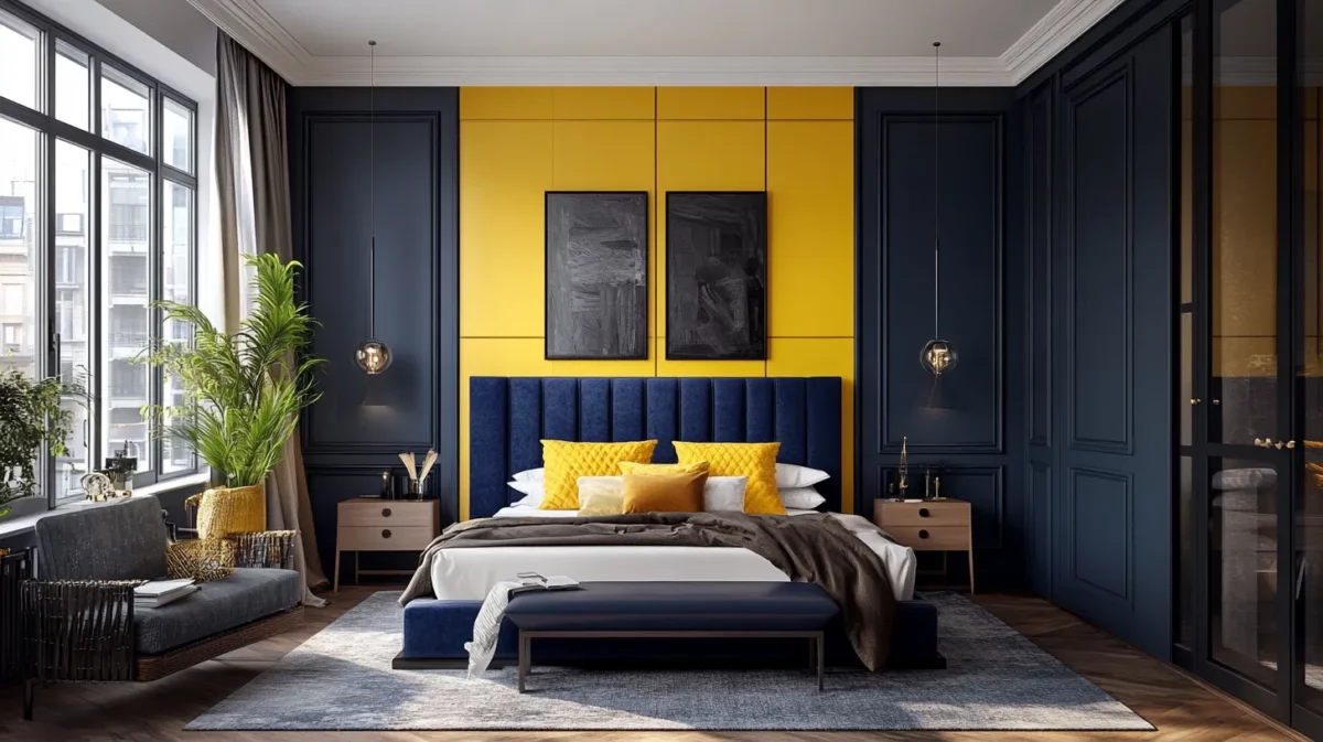 navy blue and dark yellow two colour combination for bedroom walls