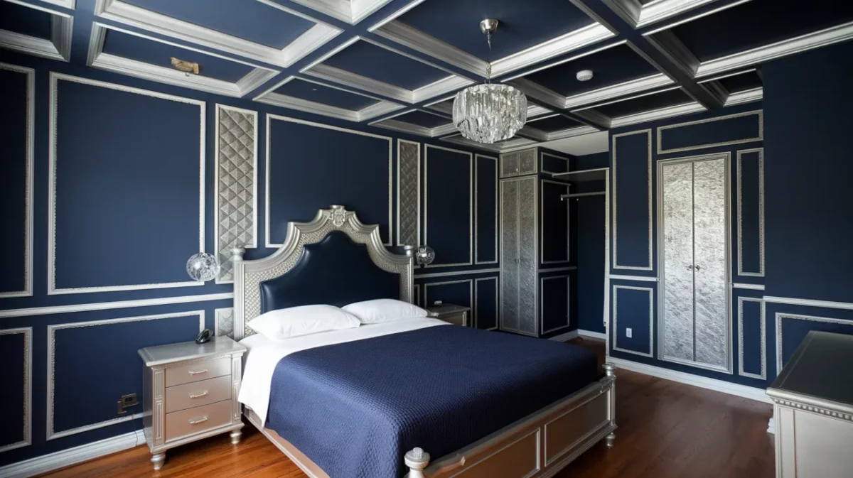 navy blue and silver bedroom false ceiling colour combination