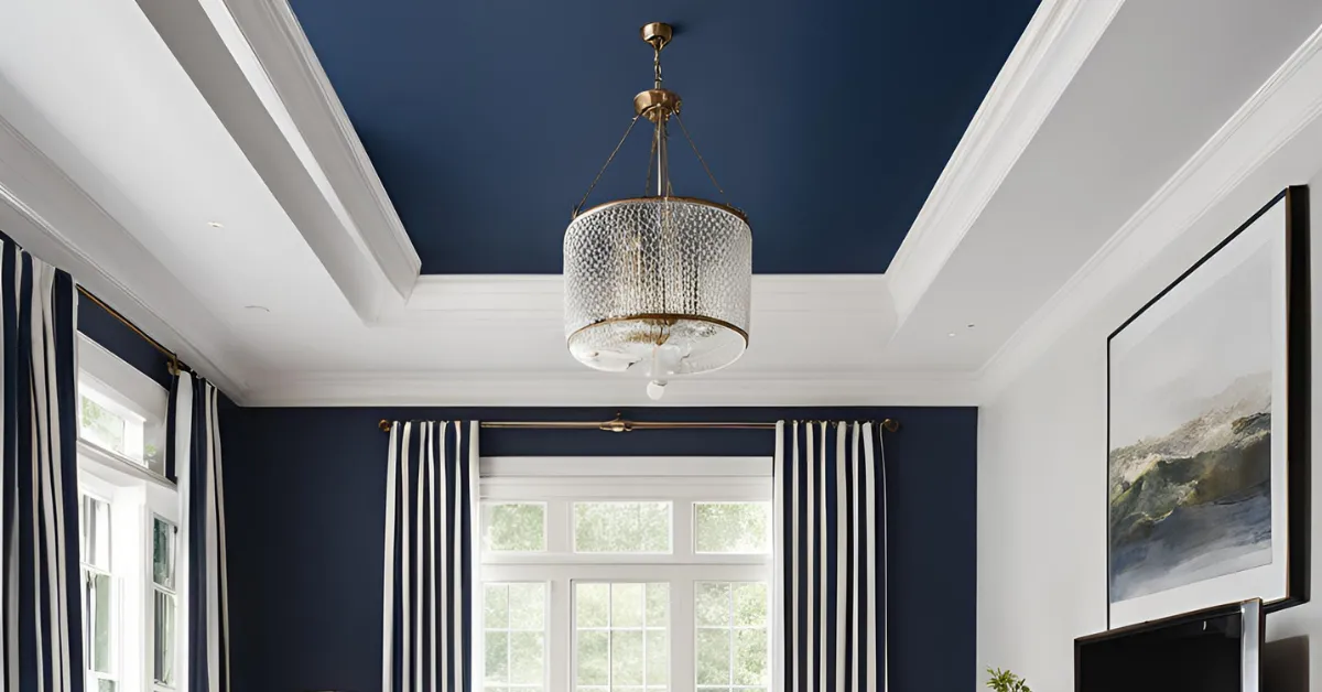 navy blue ceiling with soft white for a bold contrast






