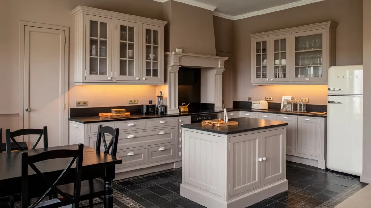 neutral taupe and black color combination for kitchen furniture