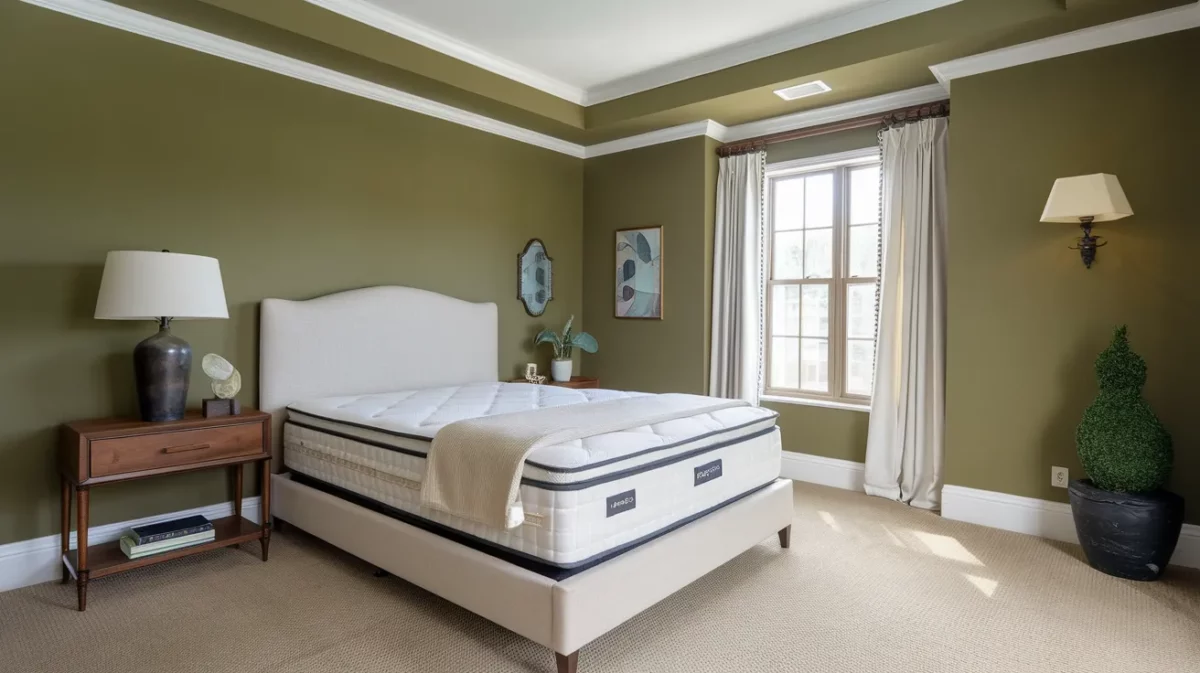 olive green and beige false ceiling colour combination for bedroom