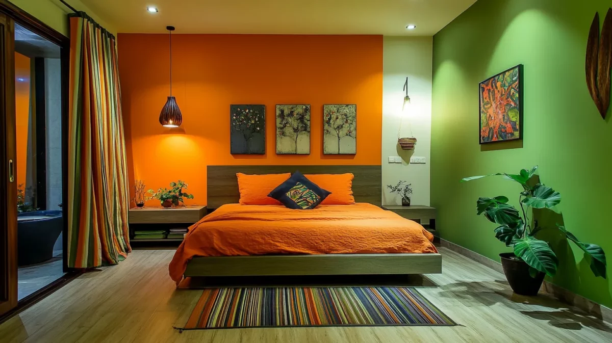 orange and green color combination for bedroom wall