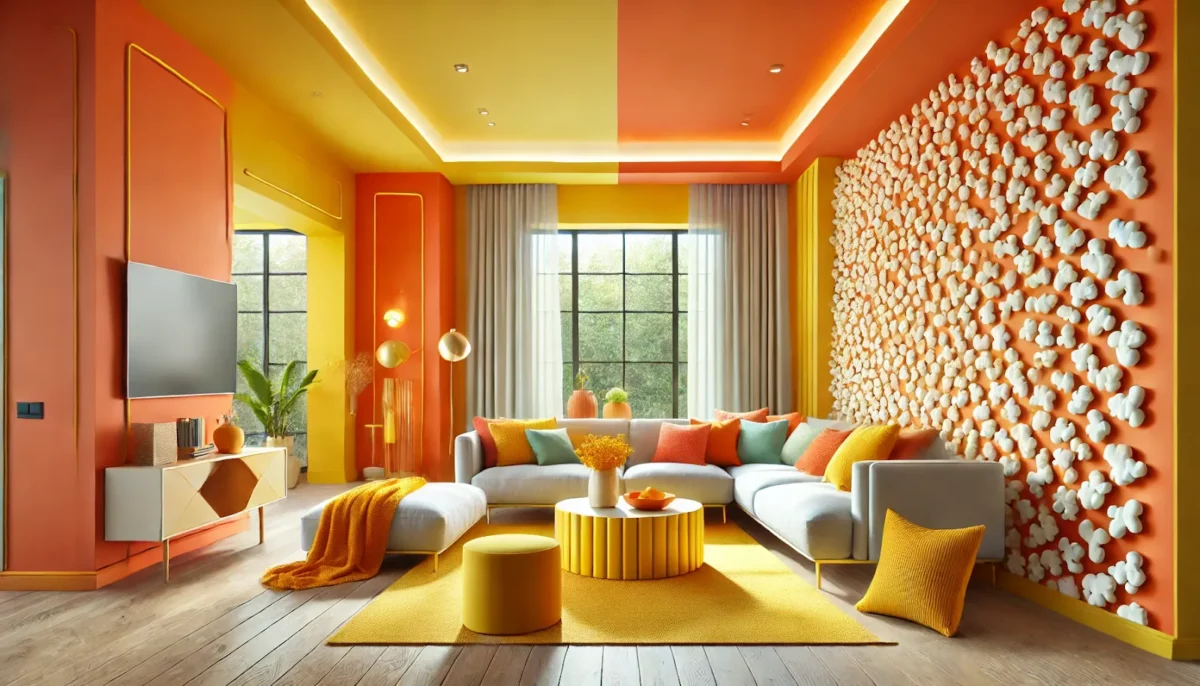 orange and light yellow popcorn texture colour for living room