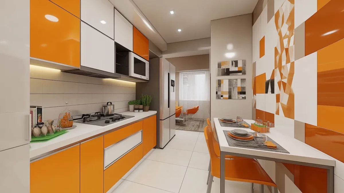 orange and white two colour combination for kitchen wall