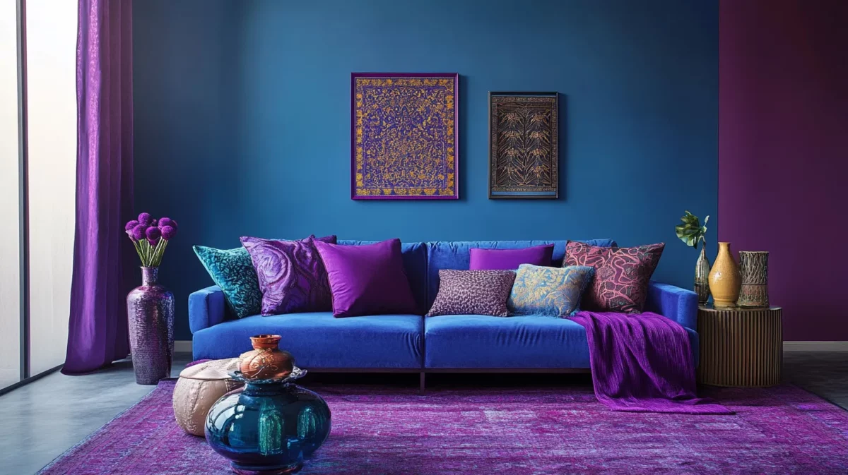 oriental blue and purple colour combination for living room