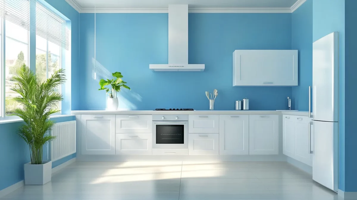 paint color for small kitchen wall with light blue accent