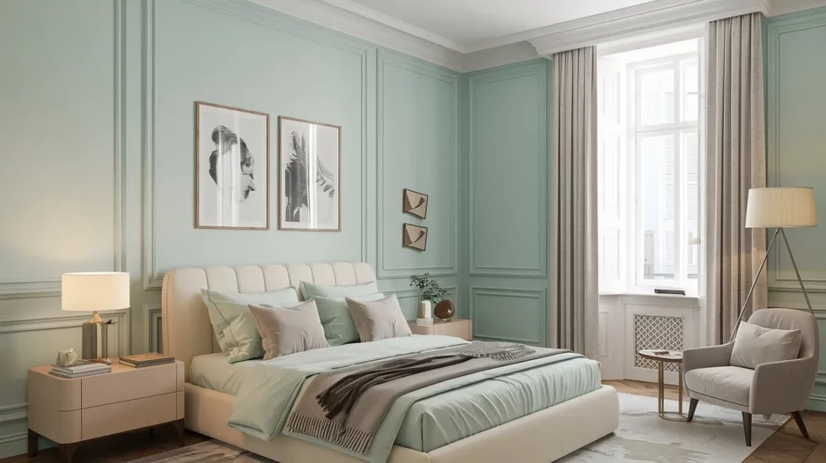 pale aqua and soft greige peaceful bedroom paint colours