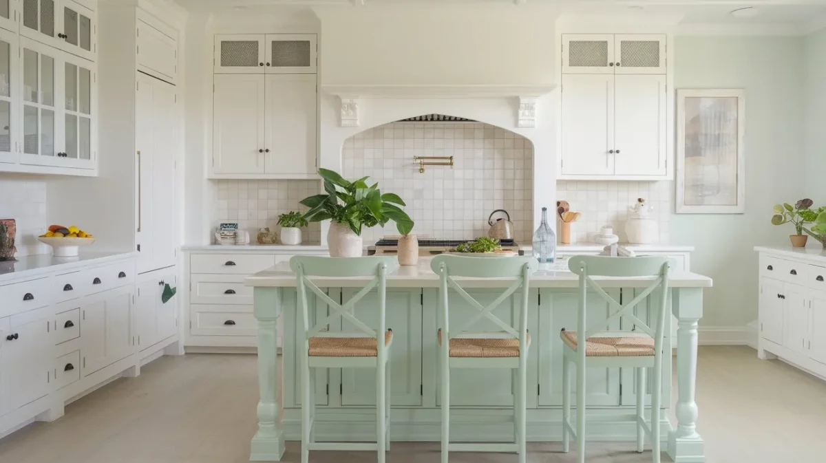 mint and white kitchen furniture colour combination