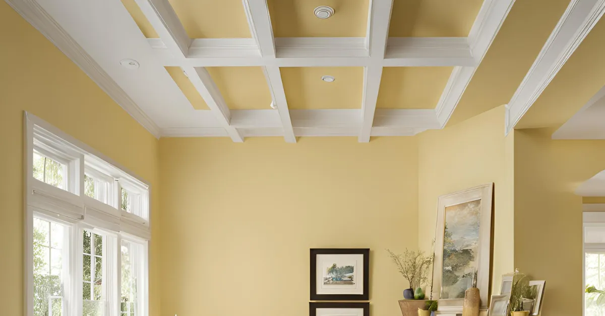 pale yellow ceiling with white trim for an elegant touch
