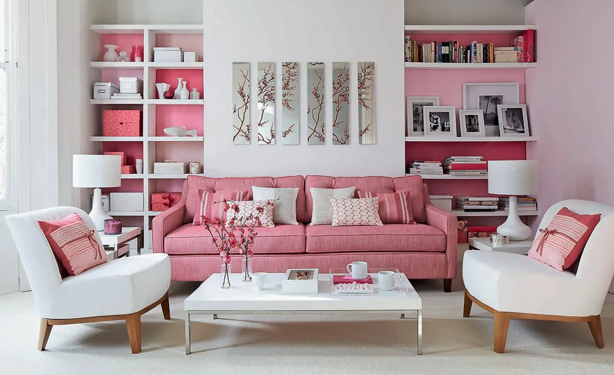 pastel pink paired with white wall colour combination for hall