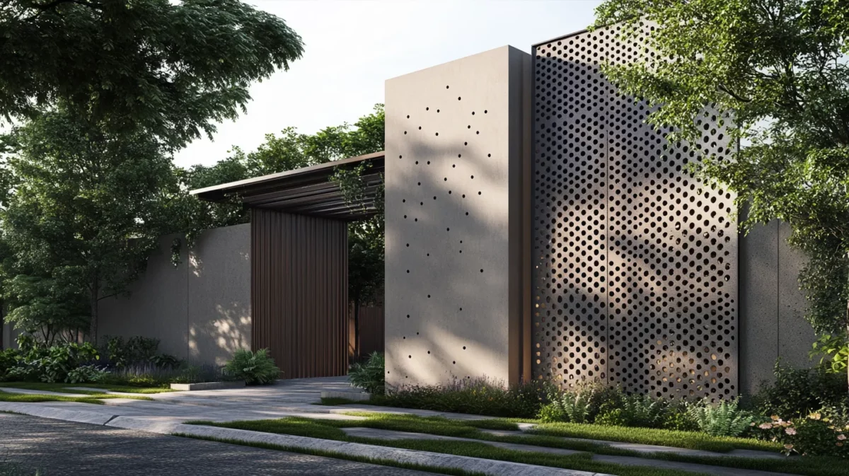 perforated concrete modern boundary wall design with gate