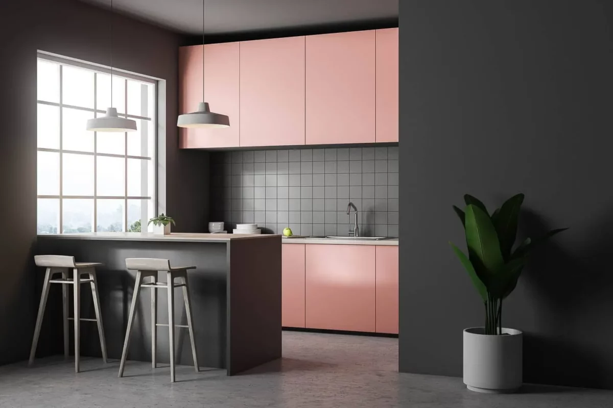 pink and gray colour combination for a modern kitchen