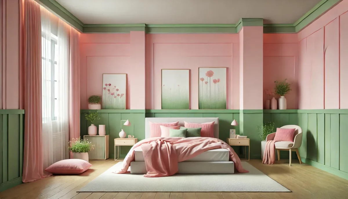 pink and green two color combination for bedroom walls