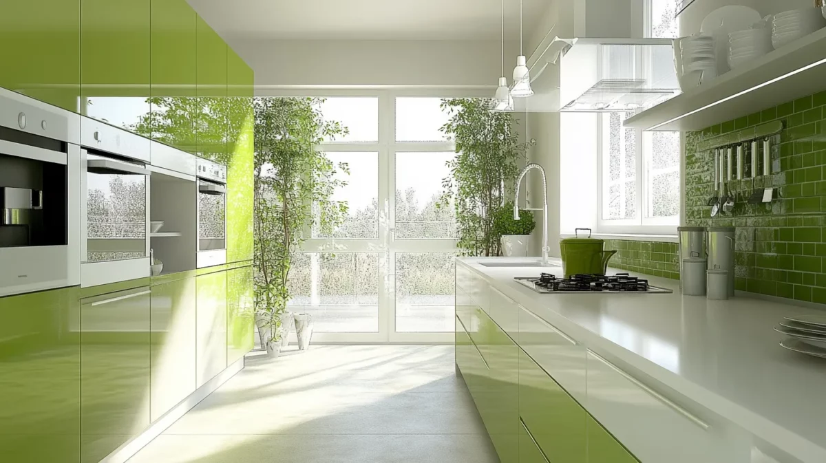 pista green and crisp white colour for kitchen wall