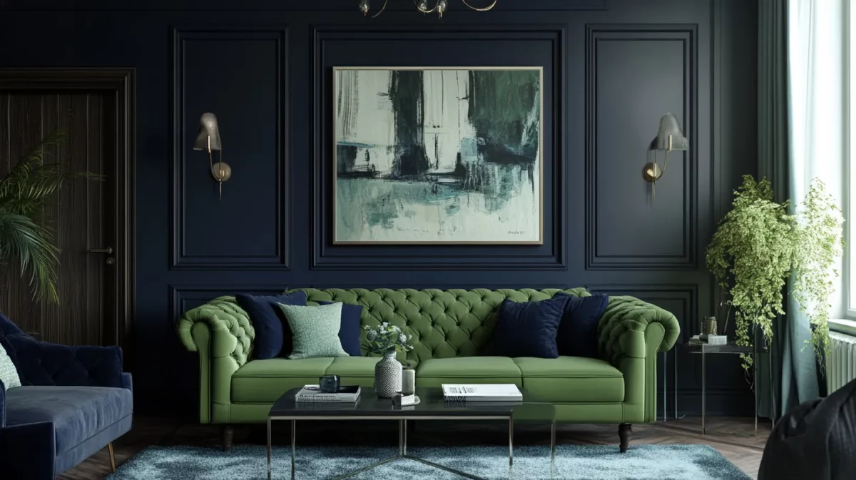 pista green and deep navy colour combination for living room wall