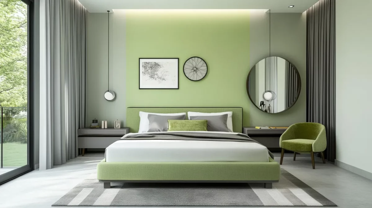 pista green and light grey bedroom colour combination