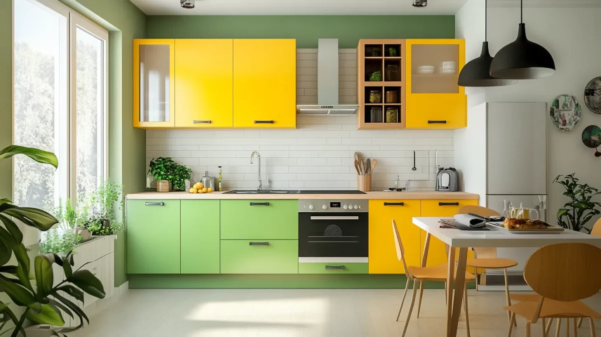 pista green and mustard yellow colour for kitchen wall