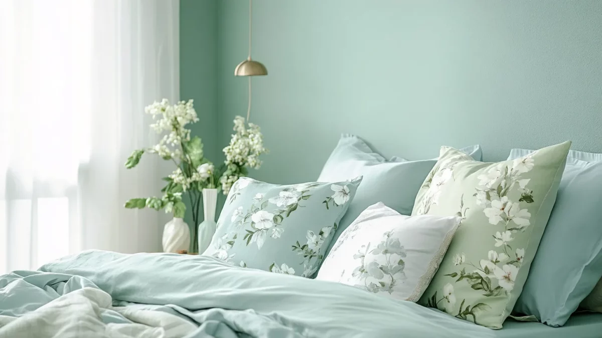 pista green and soft blue colour combination for bedroom wall