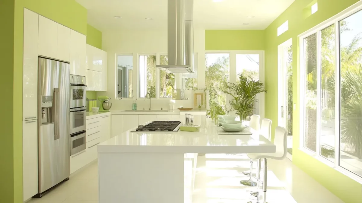 pista green and soft cream colour for kitchen wall