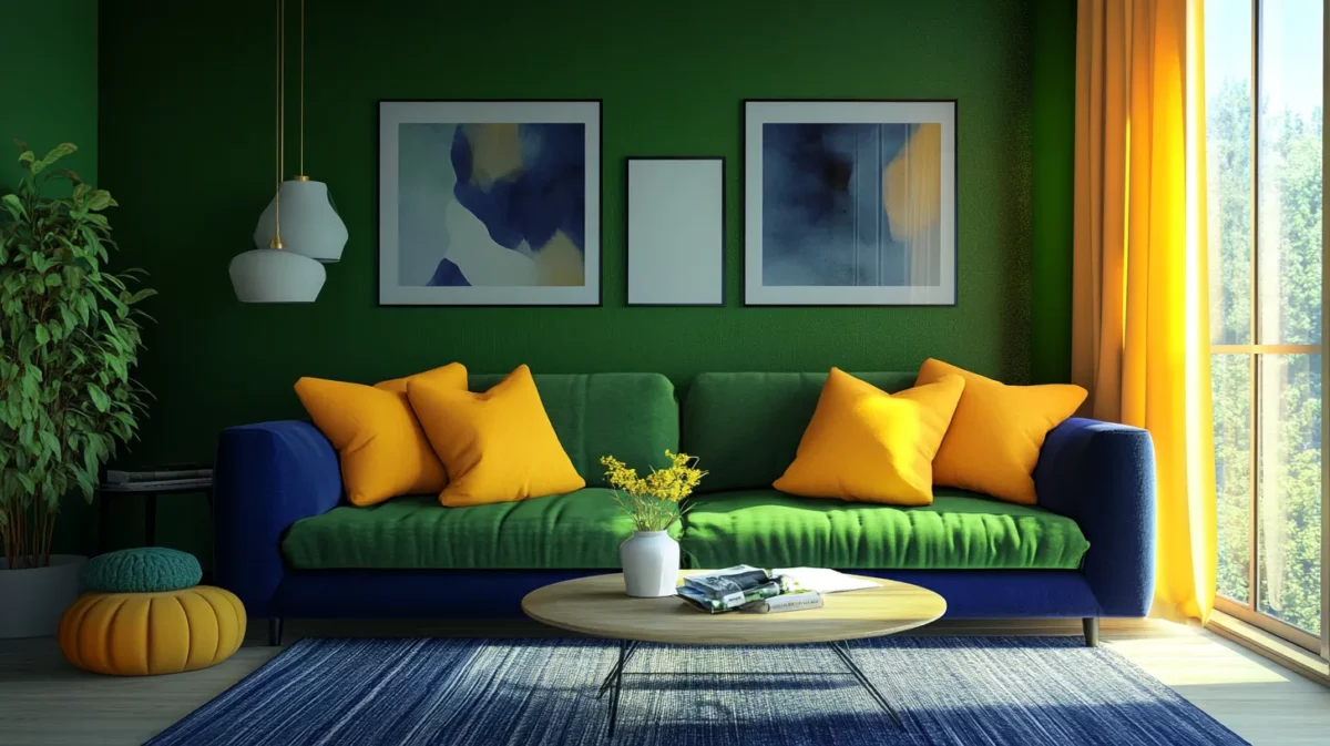 pista green mustard yellow and deep navy colour combination for living room wall