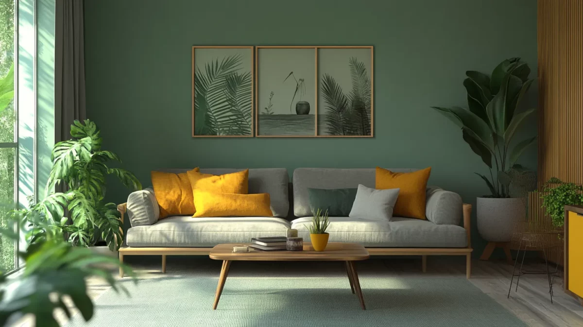 pista green soft grey and mustard yellow colour combination for living room wall