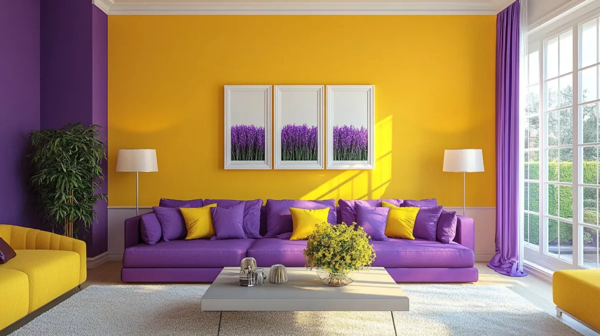 playful purple and yellow simple hall colour combination