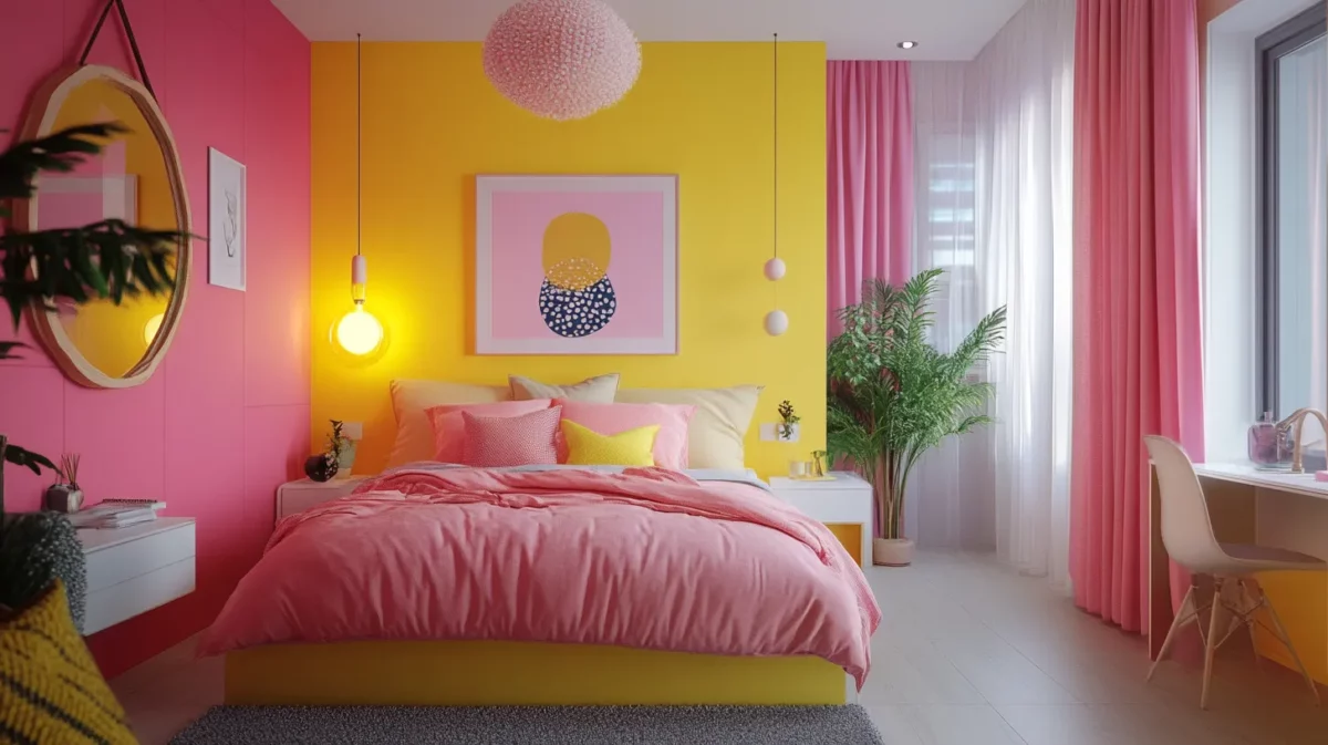 playful yellow and pink colour combination for bedroom