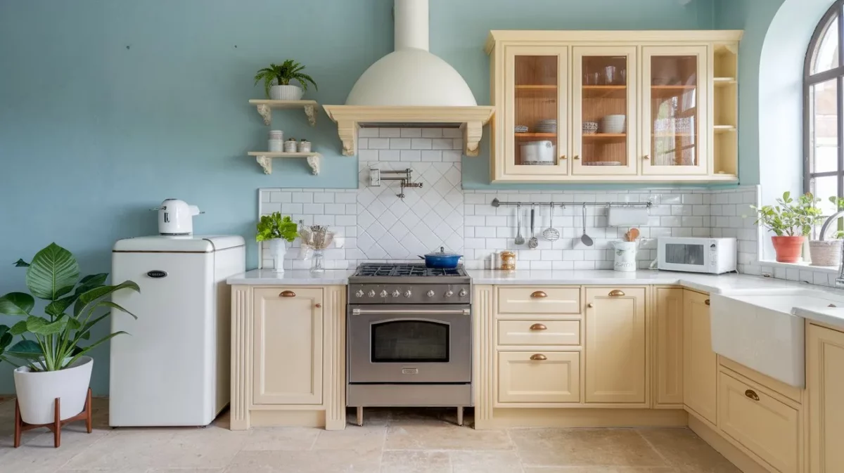 blue and buttercream kitchen colour combination