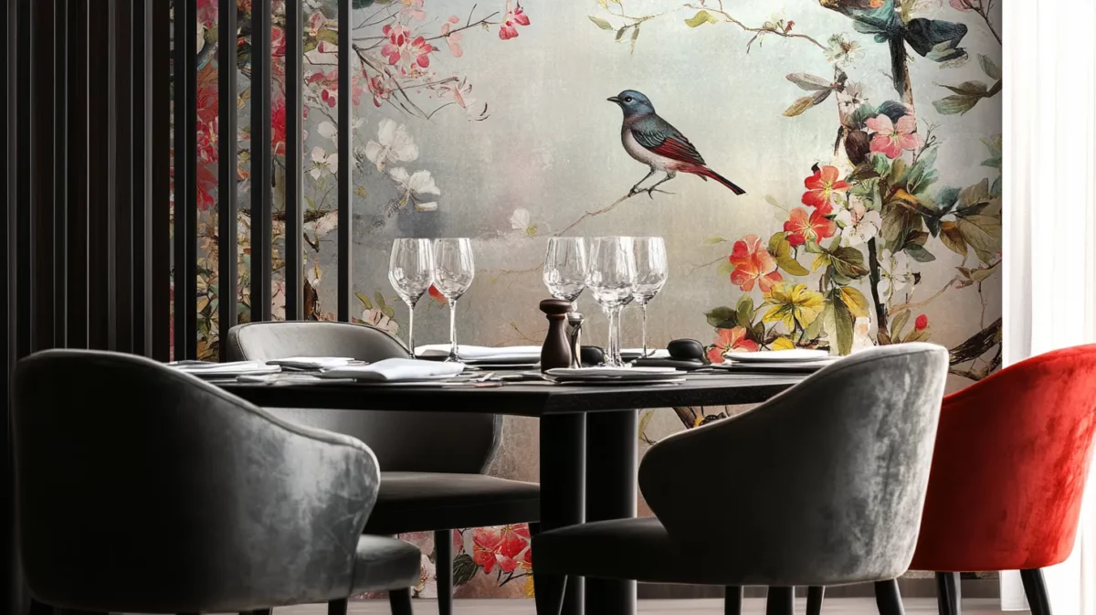 print crown birds floral pattern wallpaper for dining room