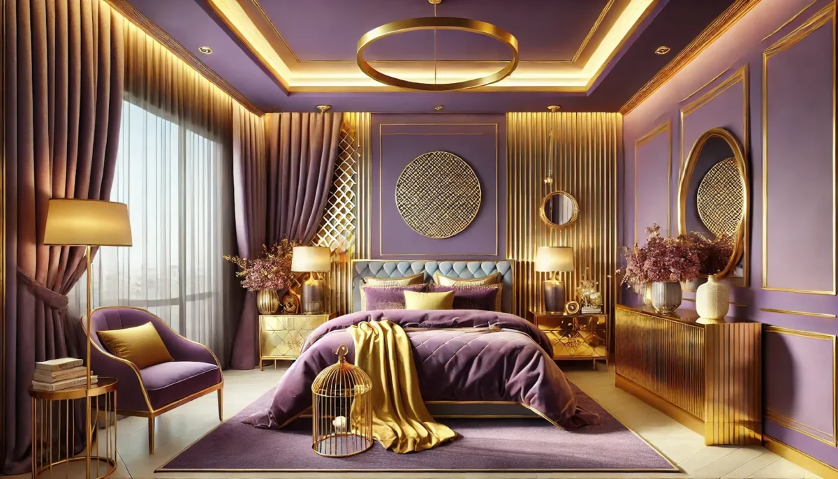 purple and gold colour combination for bedroom walls