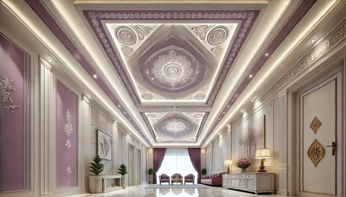 purple and white false ceiling colour combination