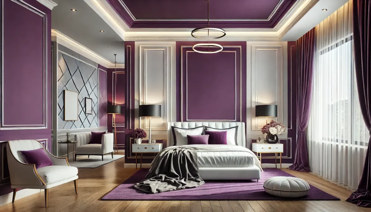 purple and white false false ceiling colour combination