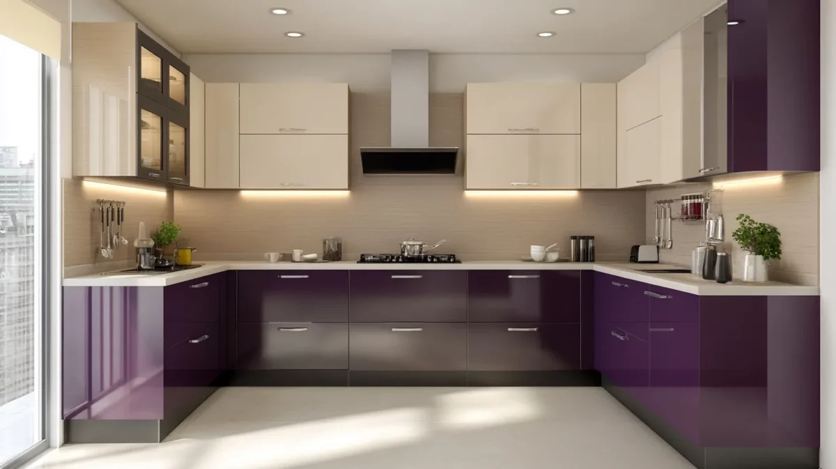 purple slate grey and beige modular kitchen colour combination