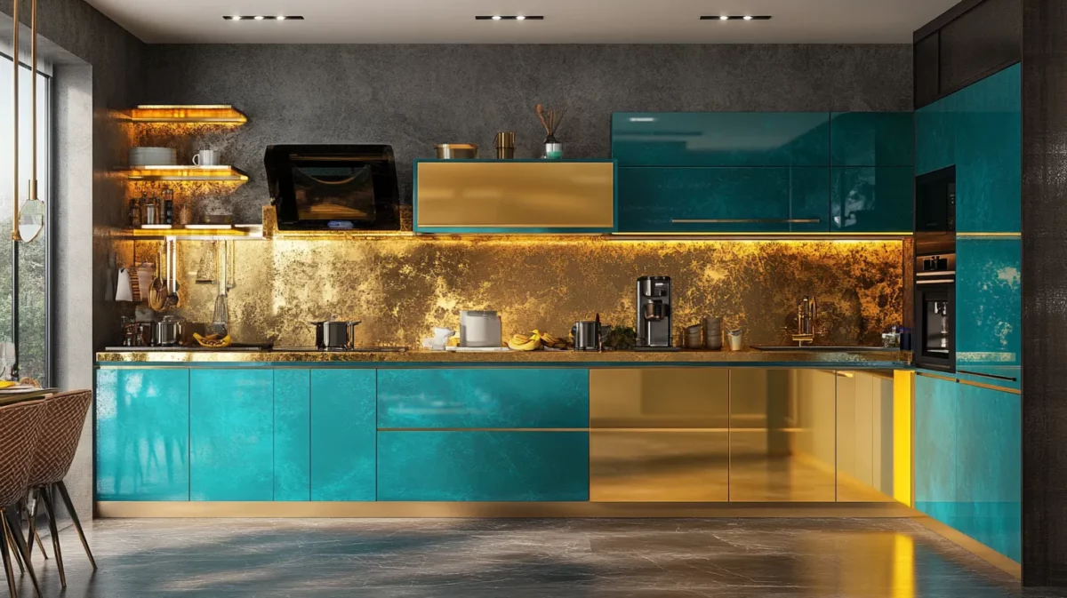 turquoise and golden yellow kitchen colour combination