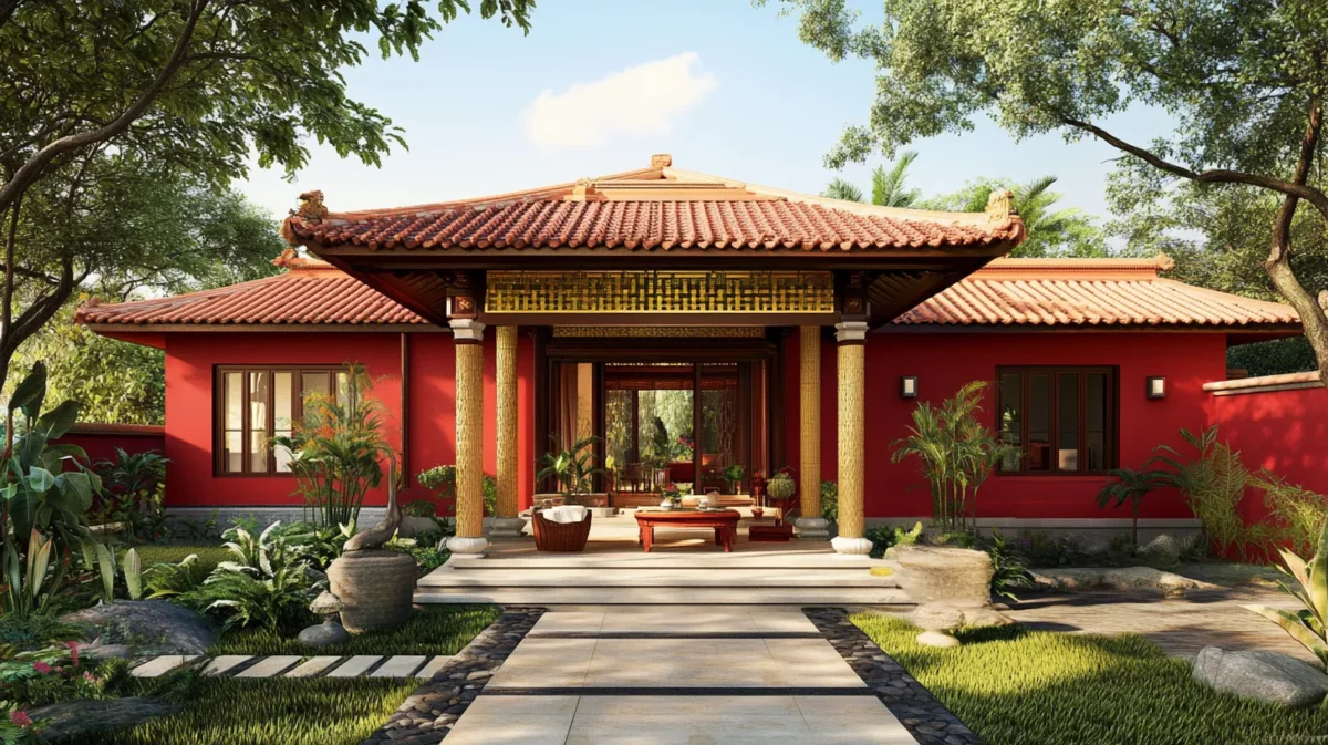 red and gold indian style small house outside colour combination