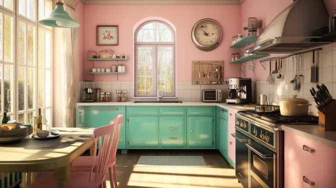 retro charm kitchen with pink and green color combination