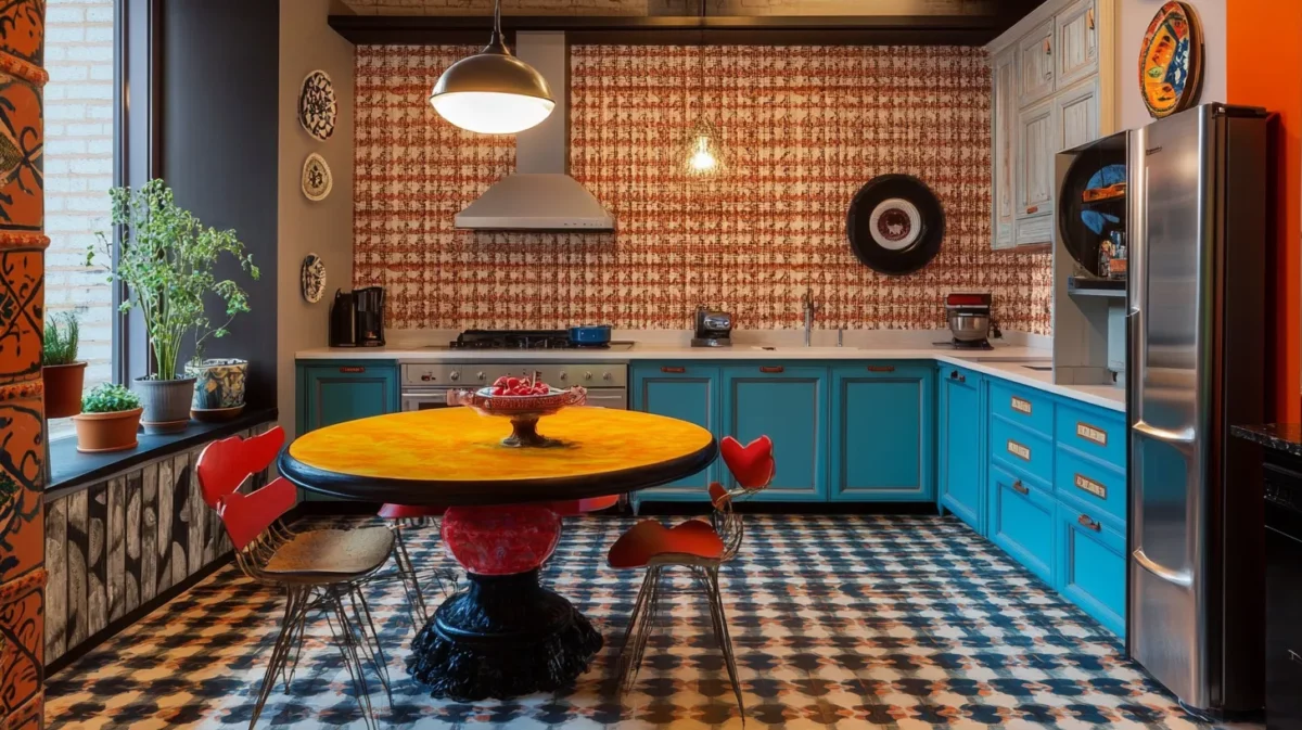 retro patterned wallpaper design for kitchen room