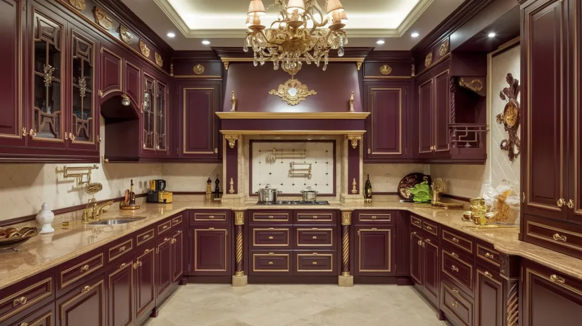 maroon and gold furniture colour combination for kitchen