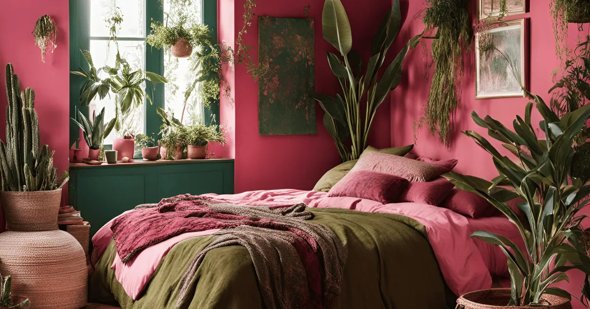 romantic boho pink and green color combination for bedroom