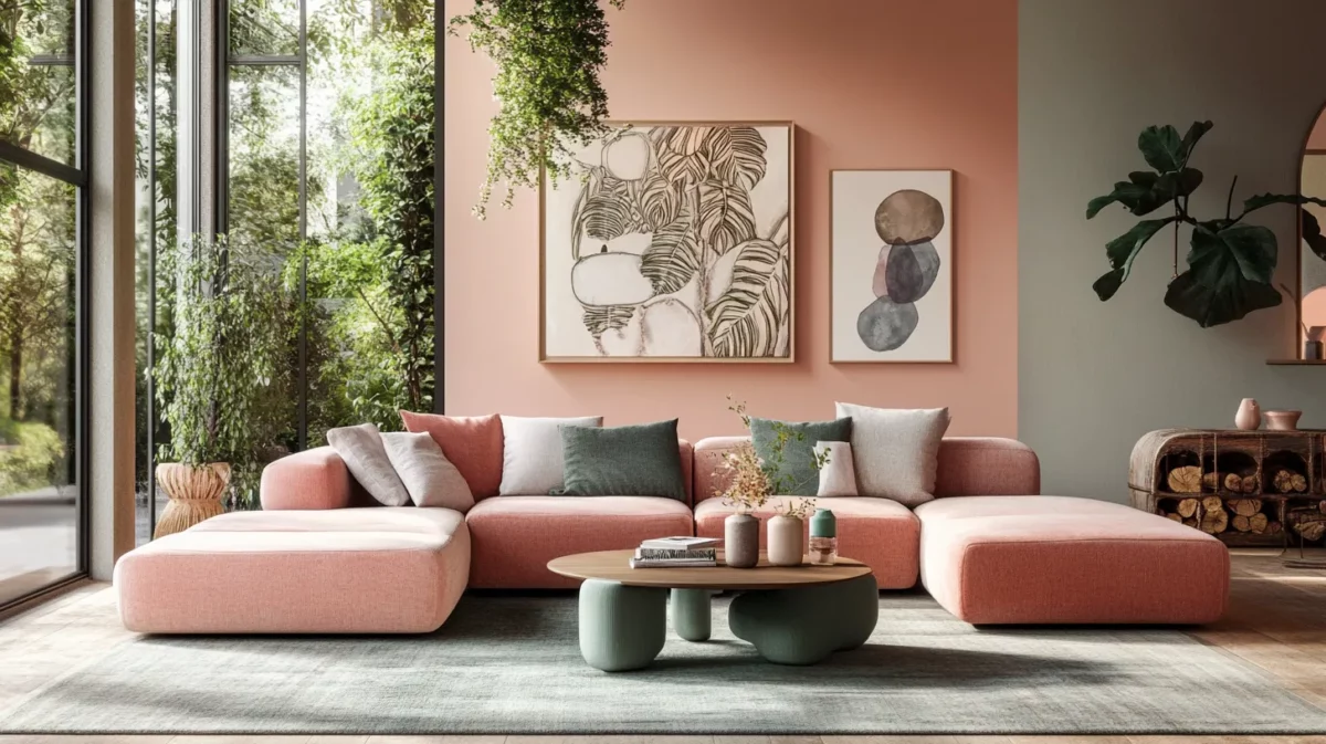 romantic light pink wall colour combination for living room