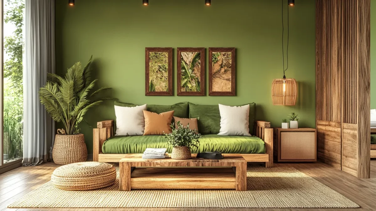 room colour combination with light green and earthy browns