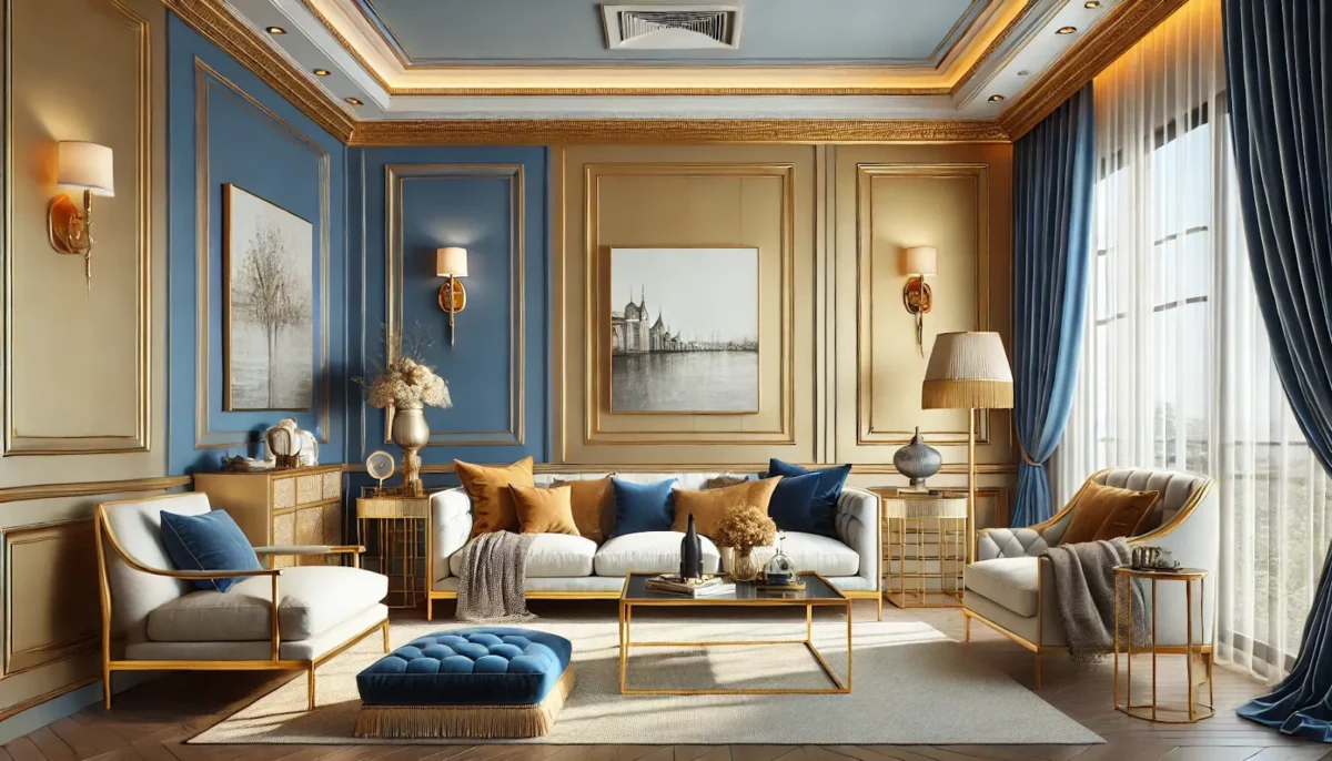 royal blue and pale gold wall colour combination for living room