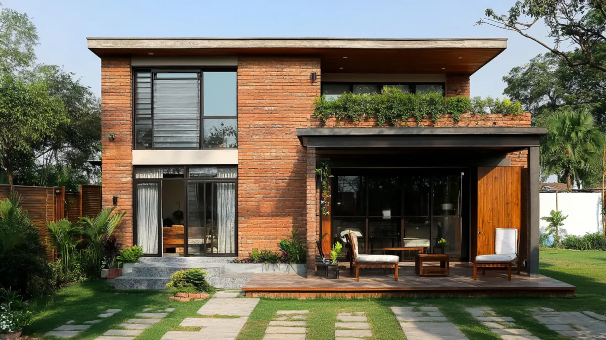 rustic brick and wood ground floor low budget front elevation design