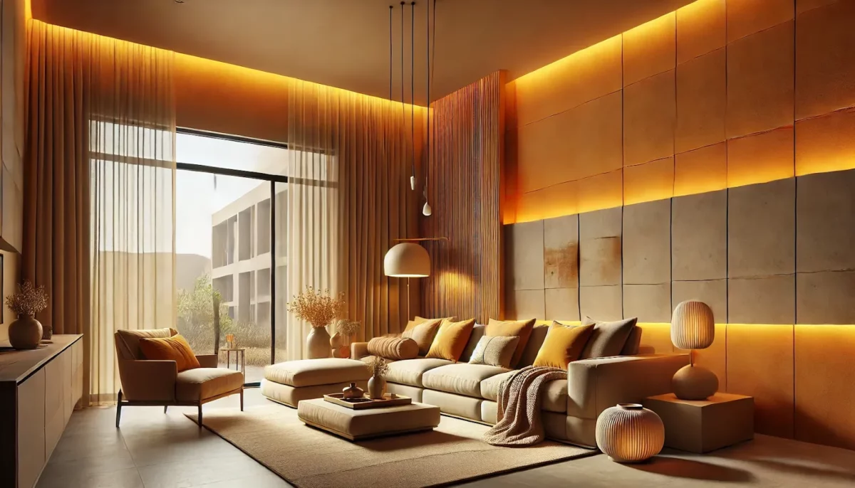 saffron and beige texture colour combination for living room