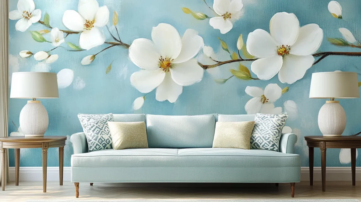 sea green and blue wallpaper with white flowers for the living room