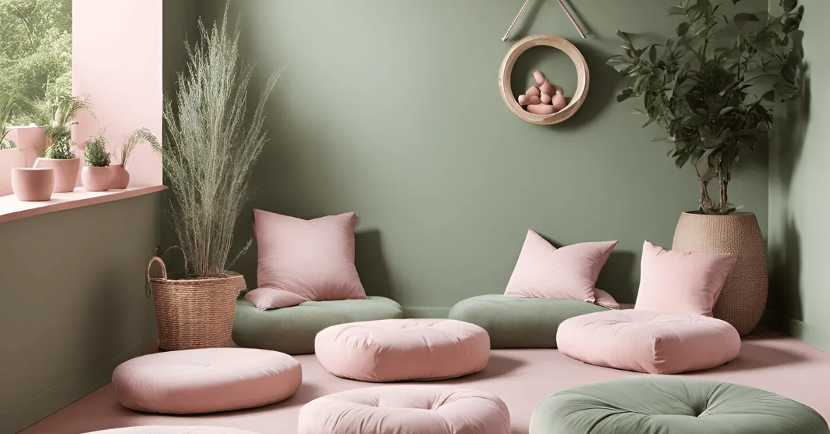 serene meditation pink and green colour combination for living room