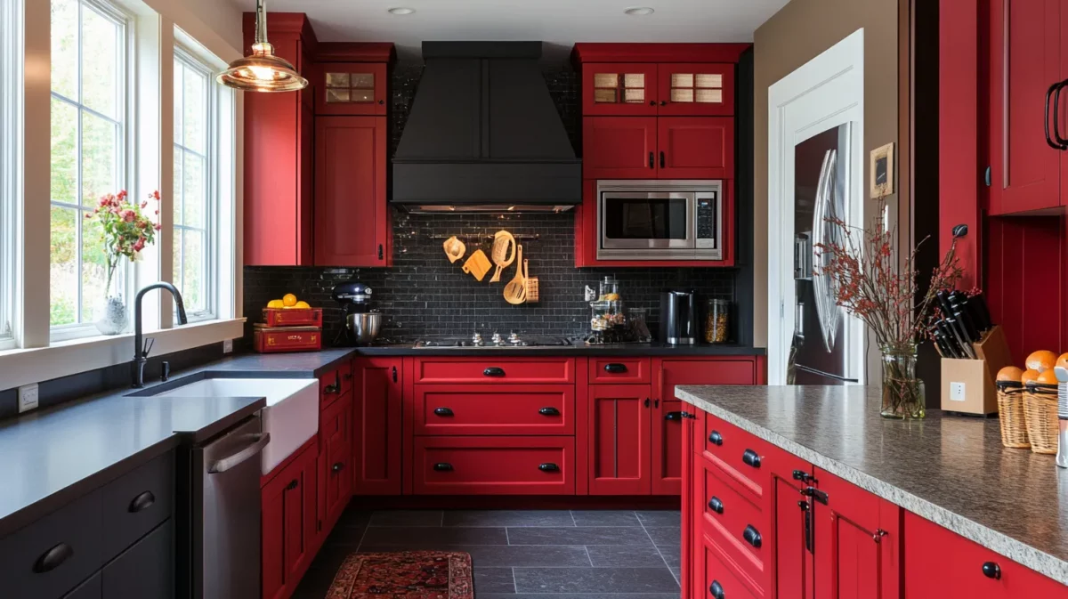 simple kitchen colour combination deep red and black